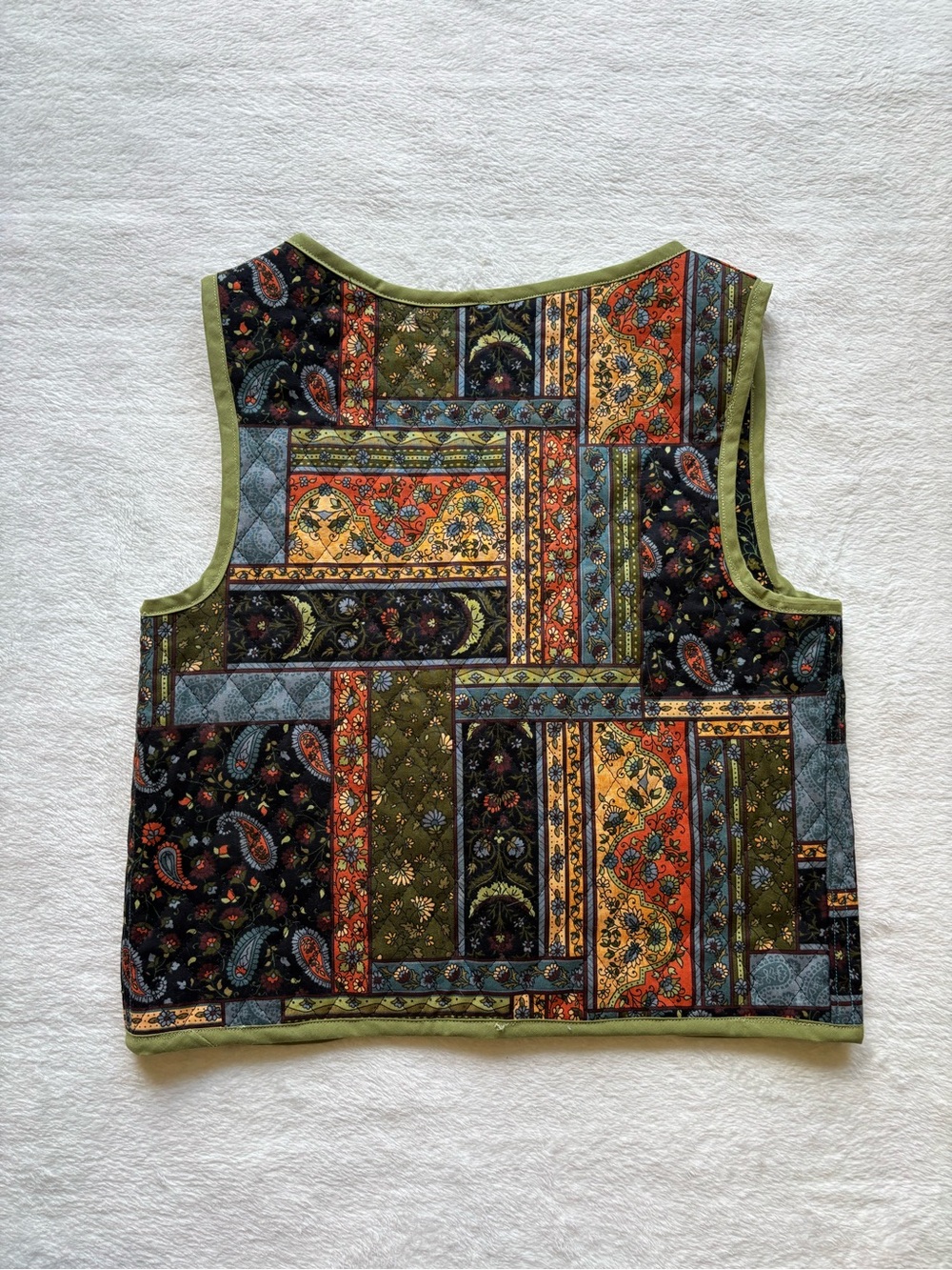 Handmade Quilted Patchwork Tie-Front Vest in Olive & Multi - Picture 4 of 4